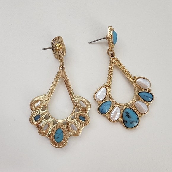 NEW Teardrop t Turquoise Stone Pearl Embellished Dangle Earrings - Picture 5 of 6